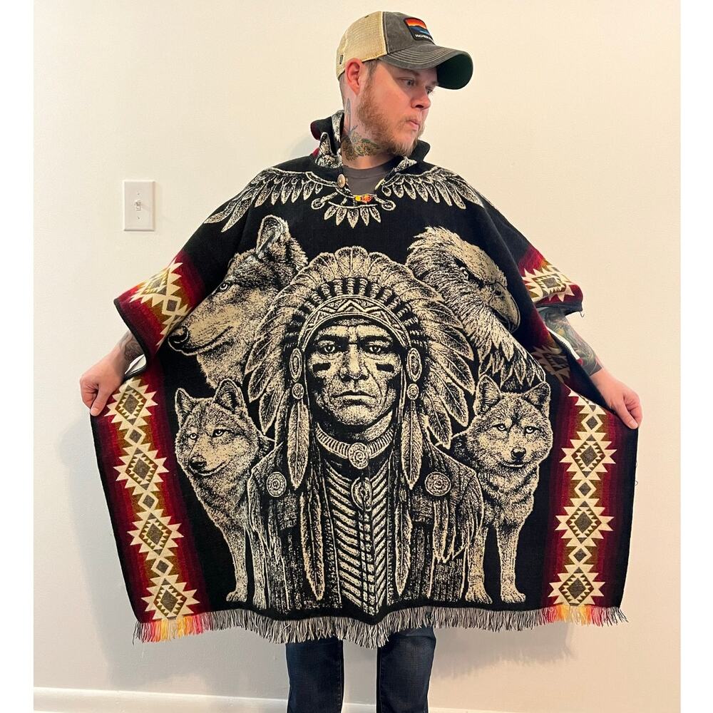 Handmade Indigenous Alpaca Wool Wolf Native American Poncho Duster Western